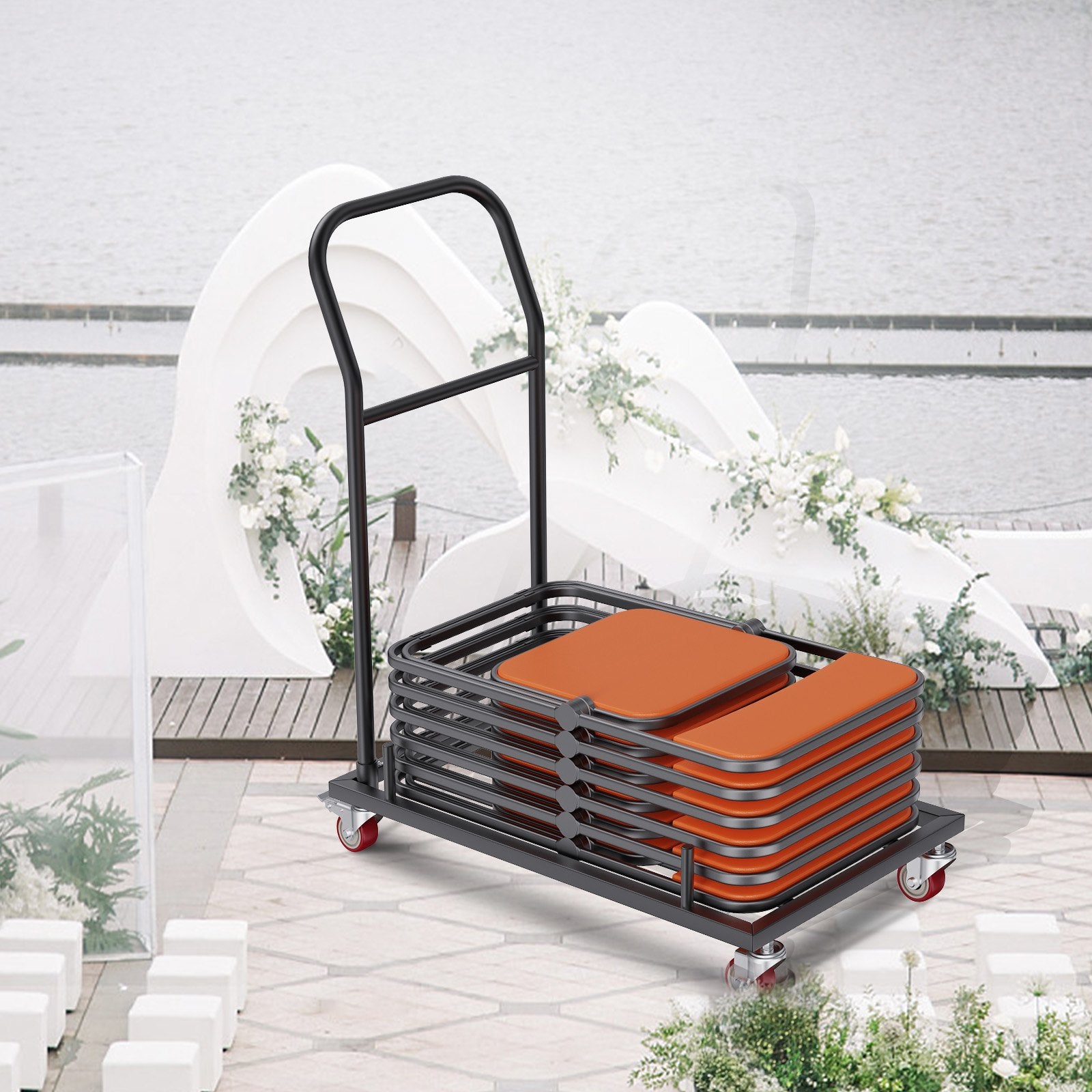 Folding Dolly Iron Commercial Cart 12 Chair Capacity with 4 Casters Black