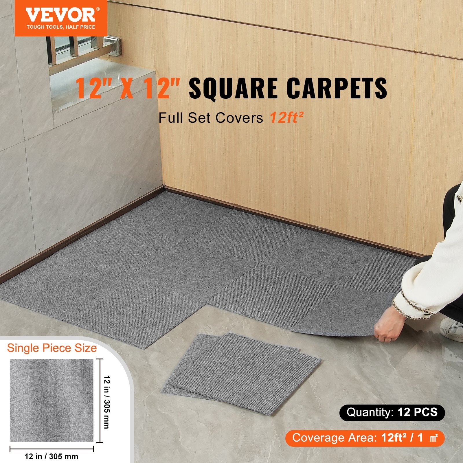 Carpet Tiles Peel Stick 12x12" Self-Adhesive 12 Tiles Light Gray Indoor Outdoor