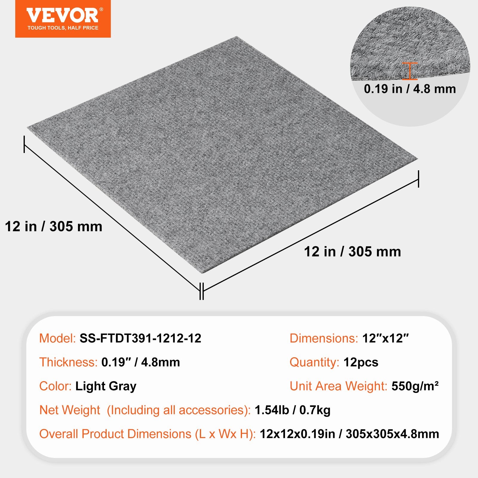 Carpet Tiles Peel Stick 12x12" Self-Adhesive 12 Tiles Light Gray Indoor Outdoor
