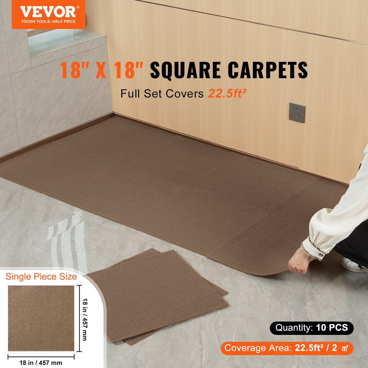 Carpet Tiles Peel Stick 18x18" Self-Adhesive 10 Tiles Dark Brown Indoor Outdoor