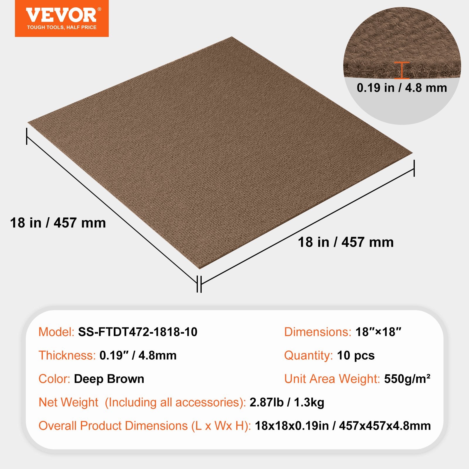 Carpet Tiles Peel Stick 18x18" Self-Adhesive 10 Tiles Dark Brown Indoor Outdoor