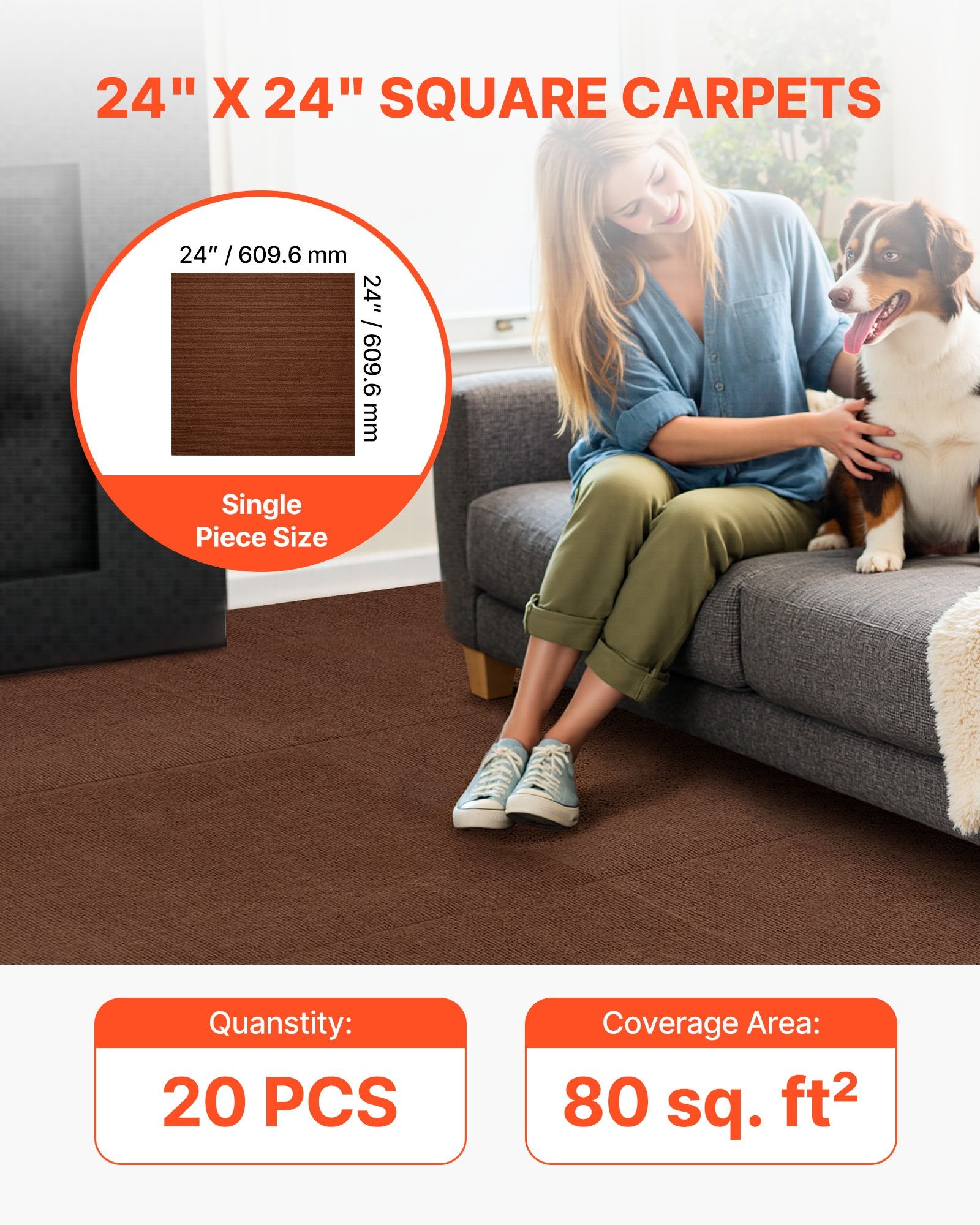 Carpet Tiles 610x610mm 20PCS Peel Stick Self Adhesive Floor Rug 7.4㎡ Dark Brown
