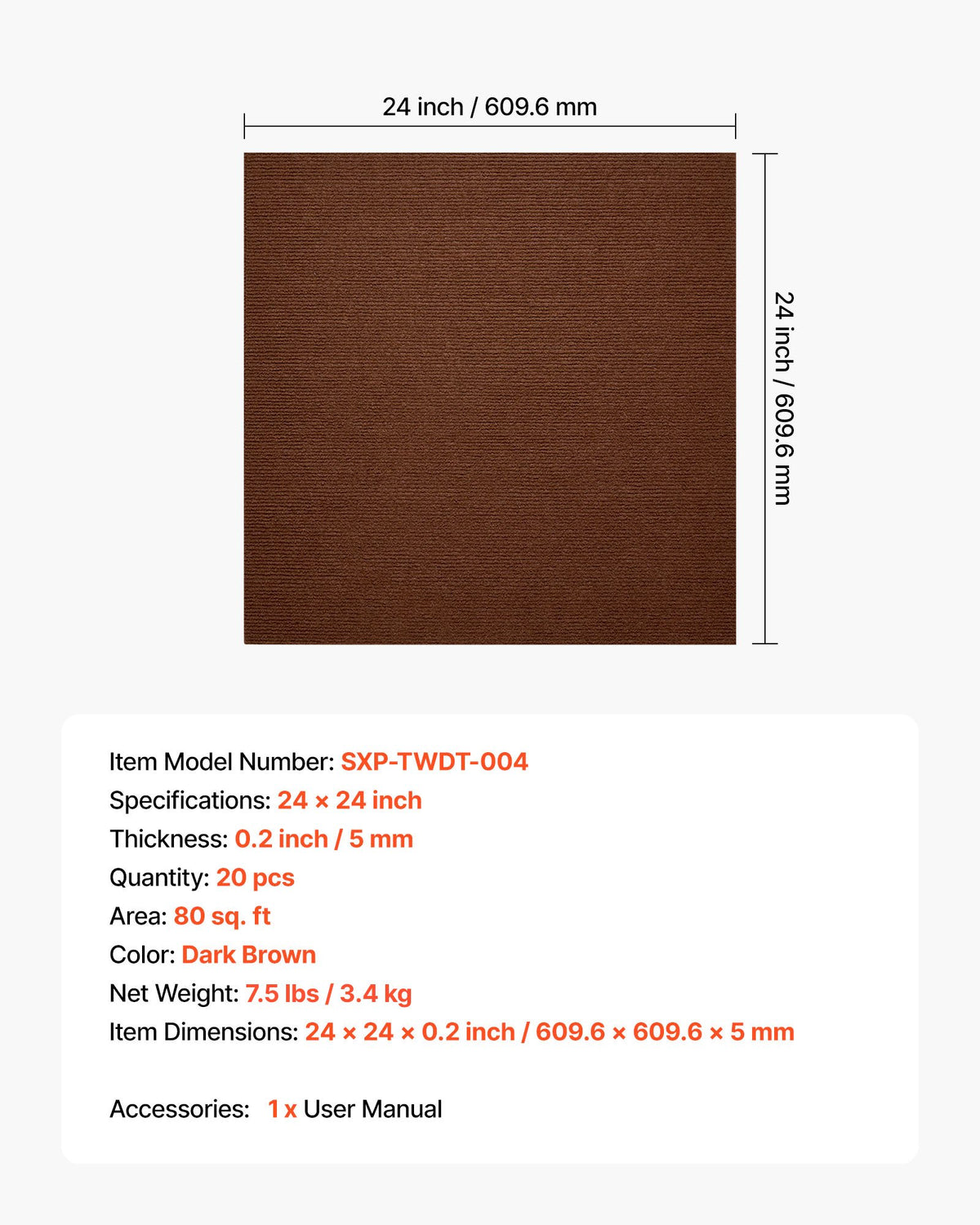 Carpet Tiles 610x610mm 20PCS Peel Stick Self Adhesive Floor Rug 7.4㎡ Dark Brown