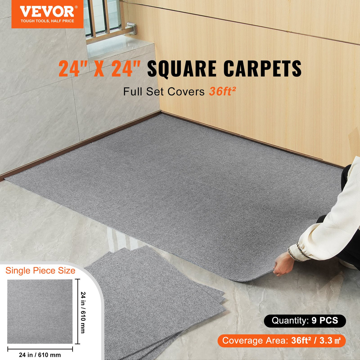 Carpet Tiles Peel Stick 24x24" Self-Adhesive 9 Tiles Light Gray Indoor Outdoor