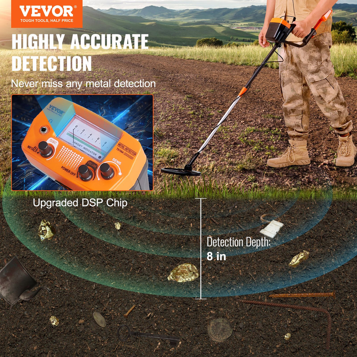 Metal Detector 200mm Professional Gold Detector IP68 Waterproof LCD Display