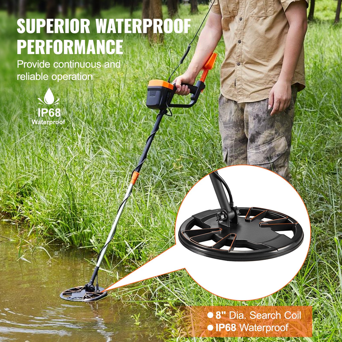 Metal Detector 200mm Professional Gold Detector IP68 Waterproof LCD Display