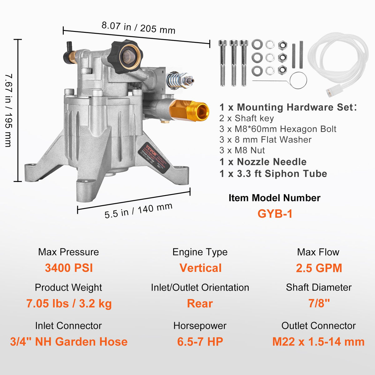 Pressure Washer Pump 22mm Shaft Vertical 3400 PSI 2.5 GPM Replacement Kit