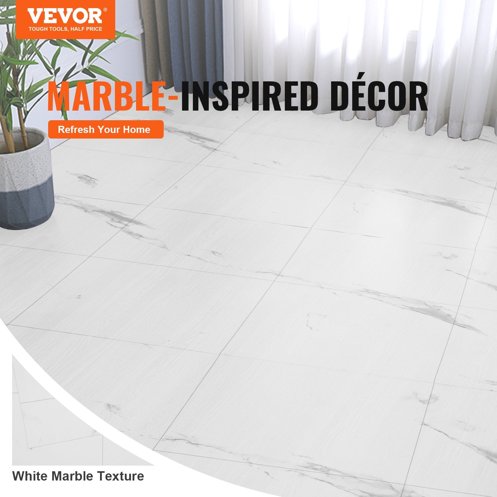 Self-Adhesive Vinyl Floor Tiles 390x23.6in 1.5mm Peel & Stick White Marble