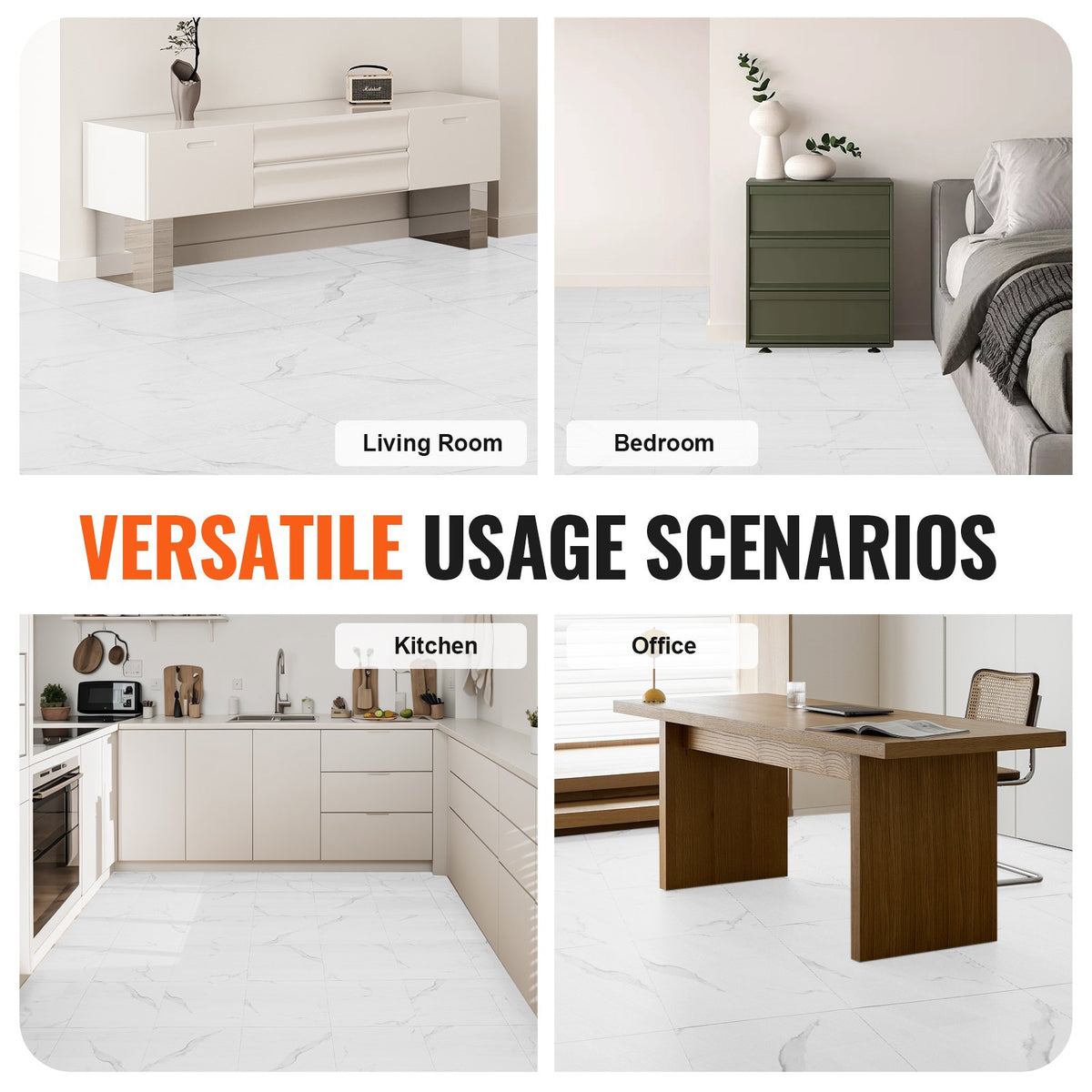 Self-Adhesive Vinyl Floor Tiles 12x12in 50PCS 1.5mm Peel & Stick White Marble