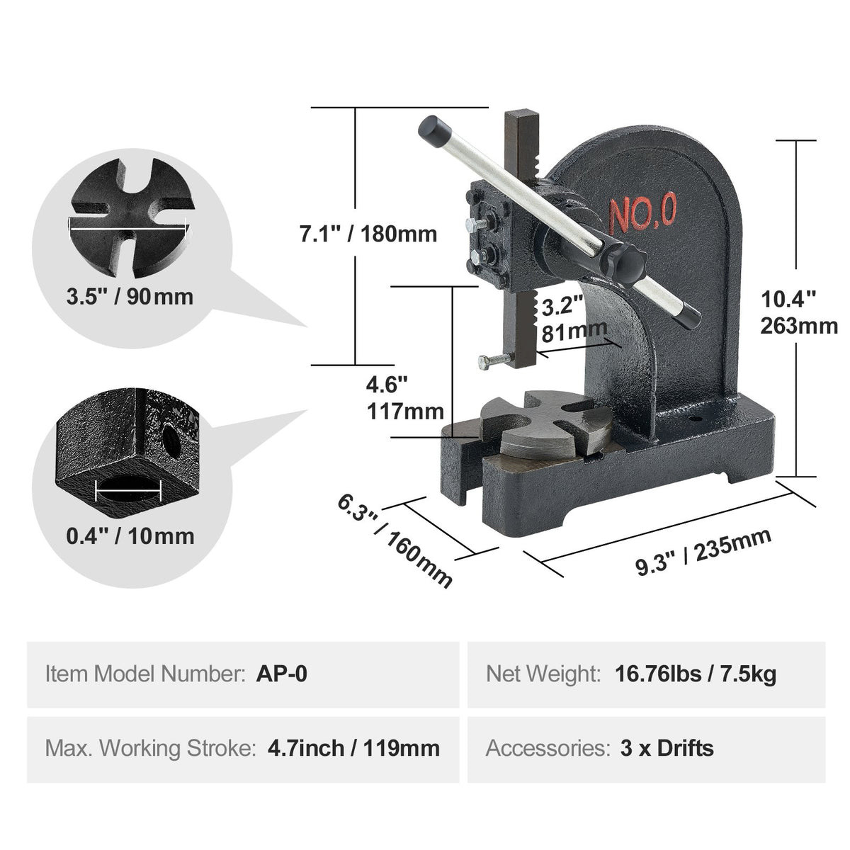0.5 Ton Manual Arbor Press Cast Iron Heavy Duty Desktop Precision Hand Press