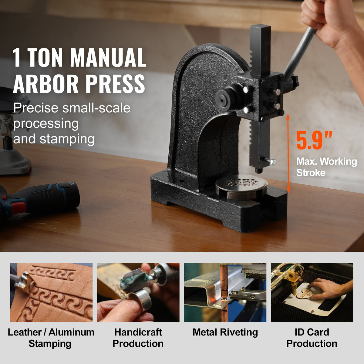 Arbor Press, 1 Ton Manual Cast Iron Desktop Press, 5.9" Max Height for Stamping