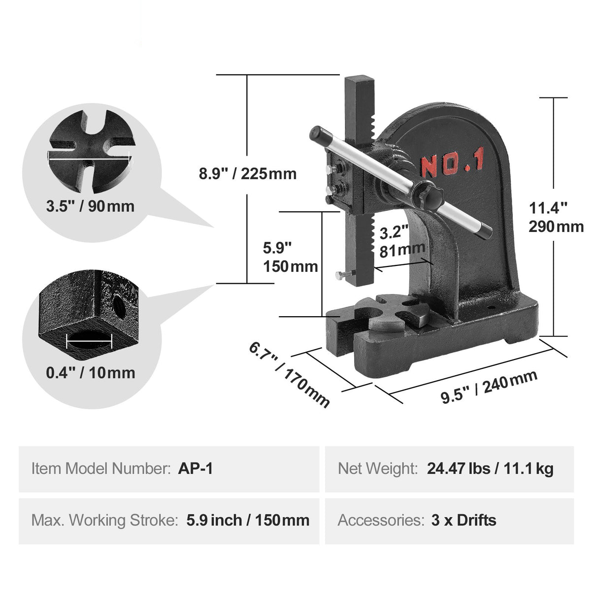 Arbor Press, 1 Ton Manual Cast Iron Desktop Press, 5.9" Max Height for Stamping