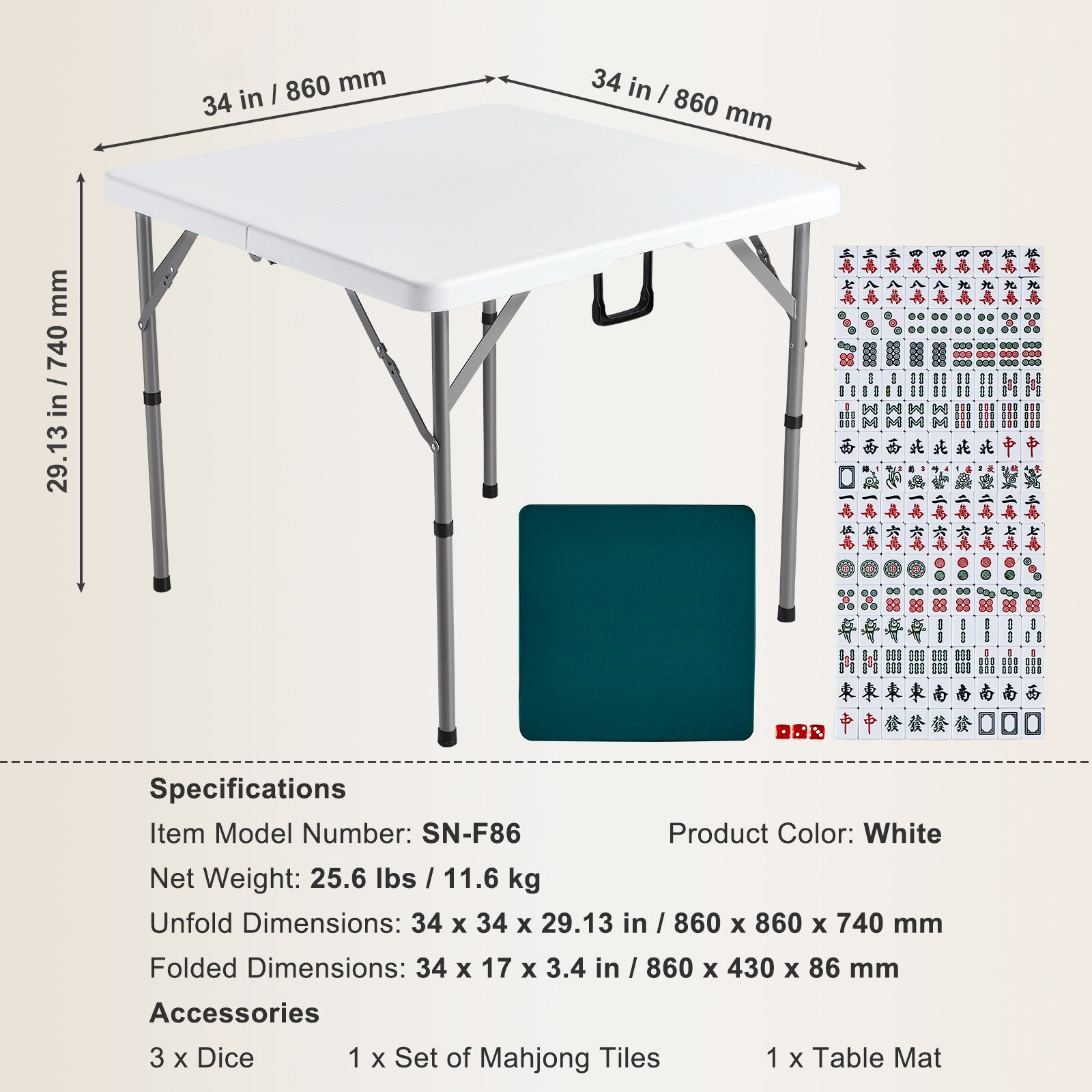 Portable 86cm Fold-In-Half 4 Player Mahjong Card Table Set with Tiles Dice White