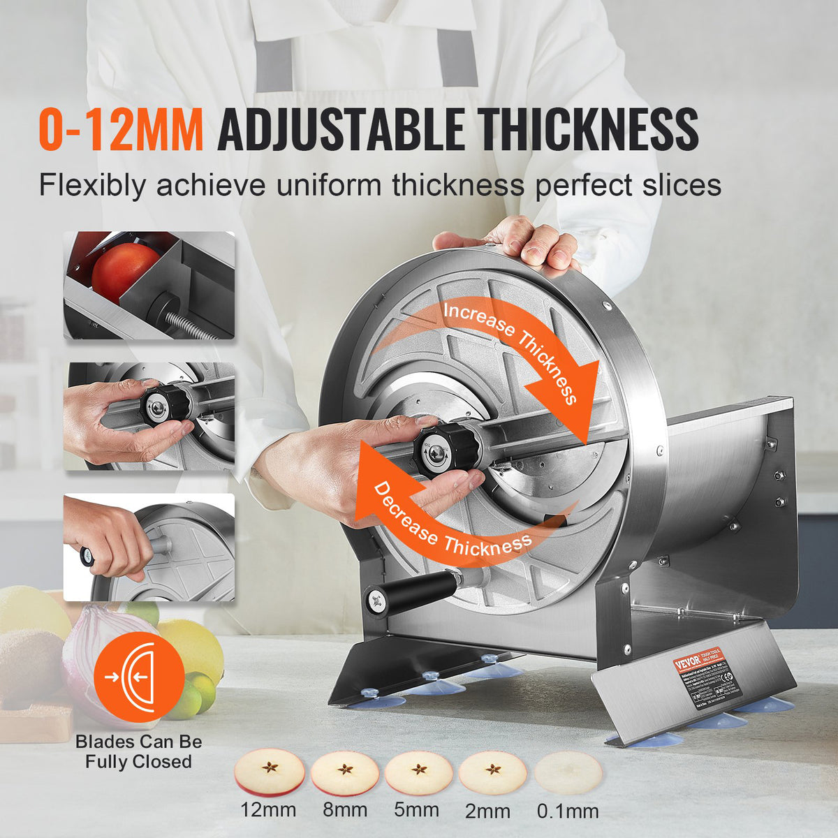 Manual Vegetable Fruit Slicer 0-0.5"/0-12mm Adjustable Stainless Steel 2 Blades