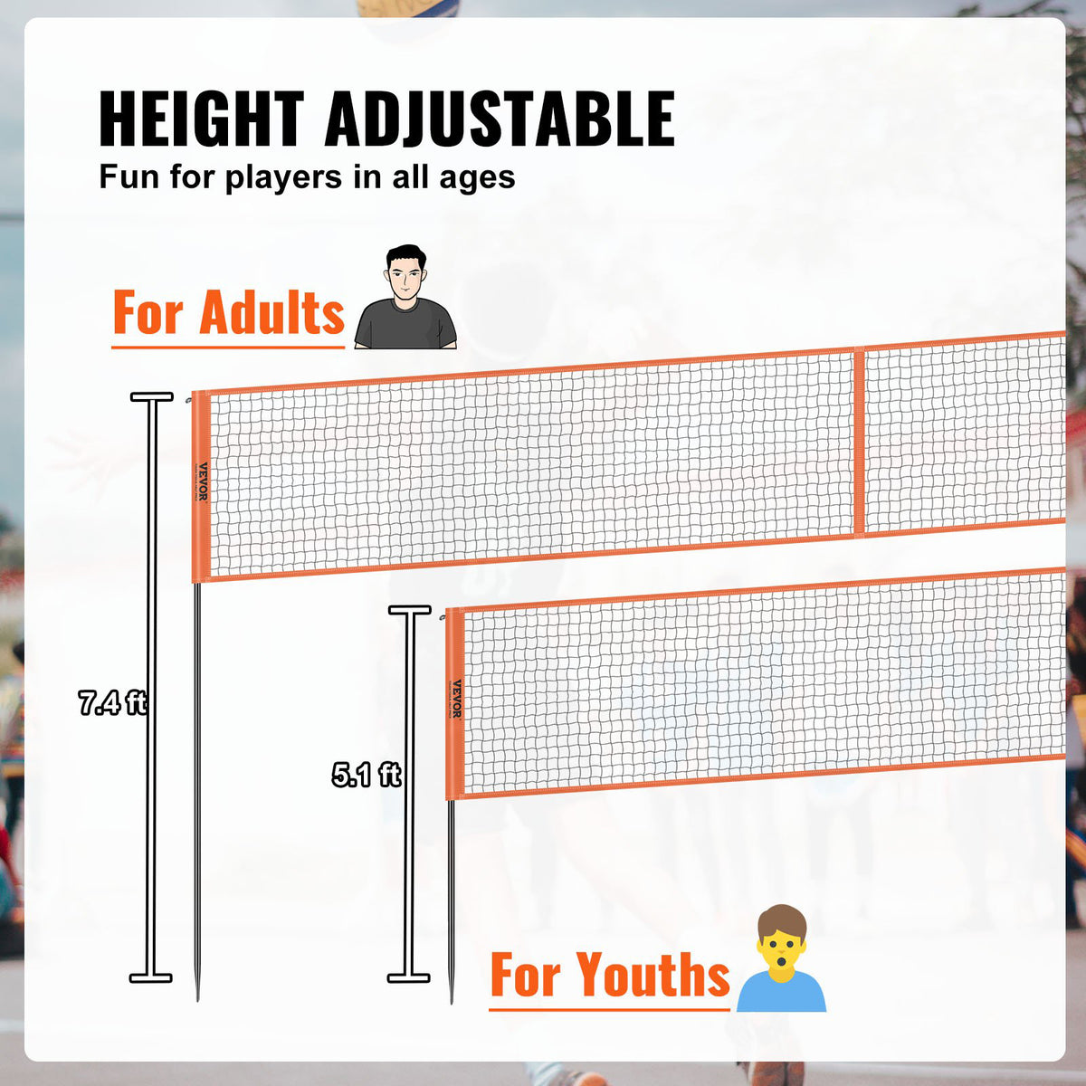 4-Way Volleyball Net Adjustable Height Portable Outdoor Net with Carry Bag