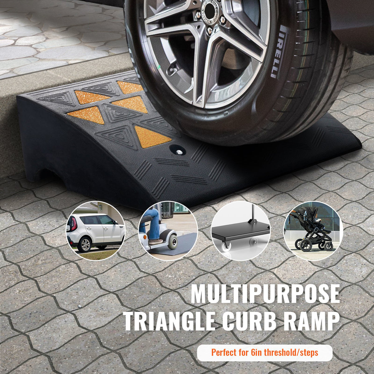 Rubber Curb Ramp 15.2cm Rise 37x49.1cm Heavy-Duty 15T Driveway Ramp for Vehicles