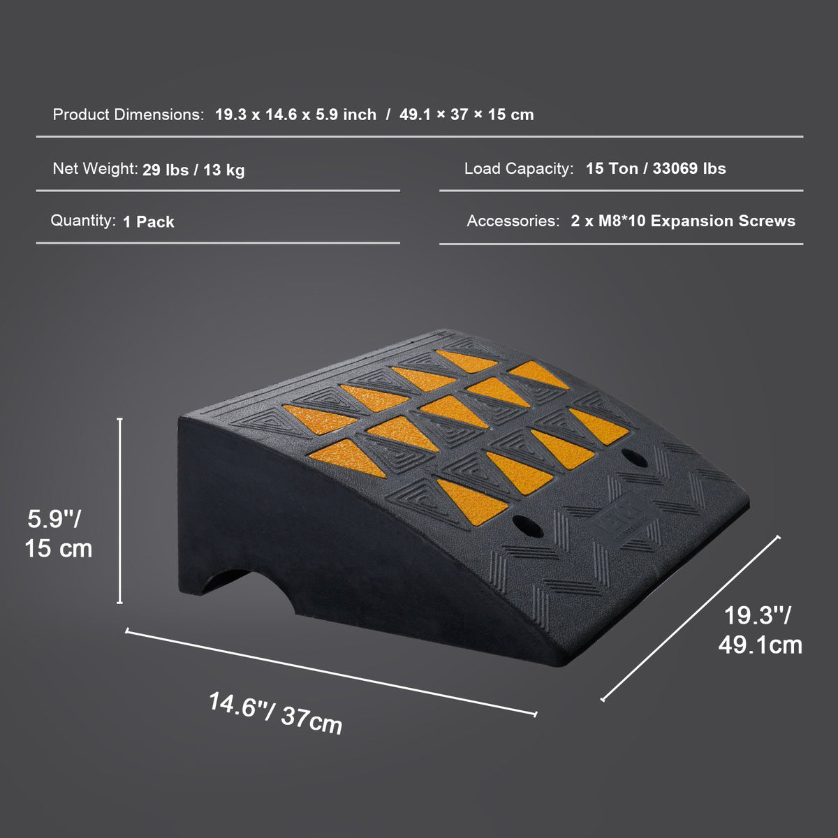 Rubber Curb Ramp 15.2cm Rise 37x49.1cm Heavy-Duty 15T Driveway Ramp for Vehicles