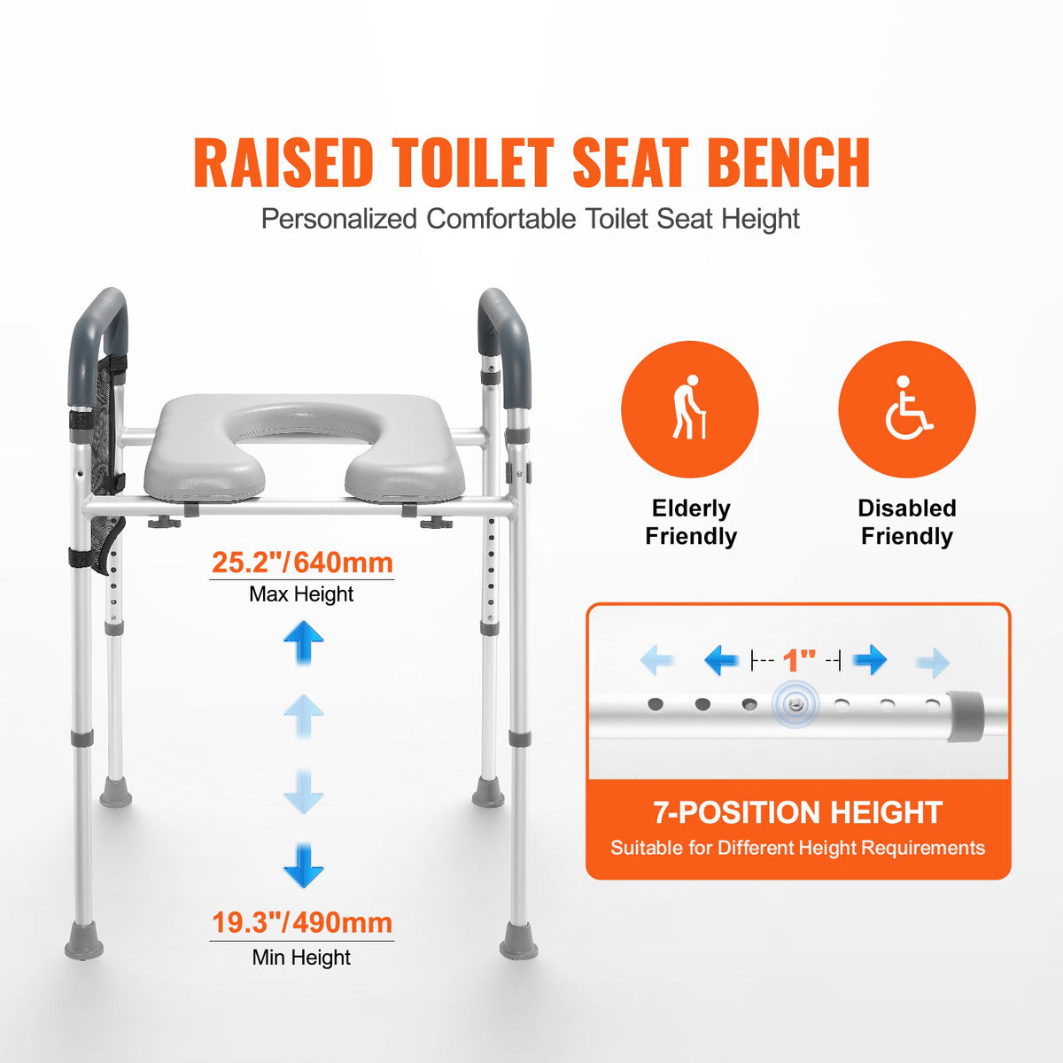 Raised Toilet Seat 7-Position 655-805mm Padded Aluminum Frame 158.7kg Capacity