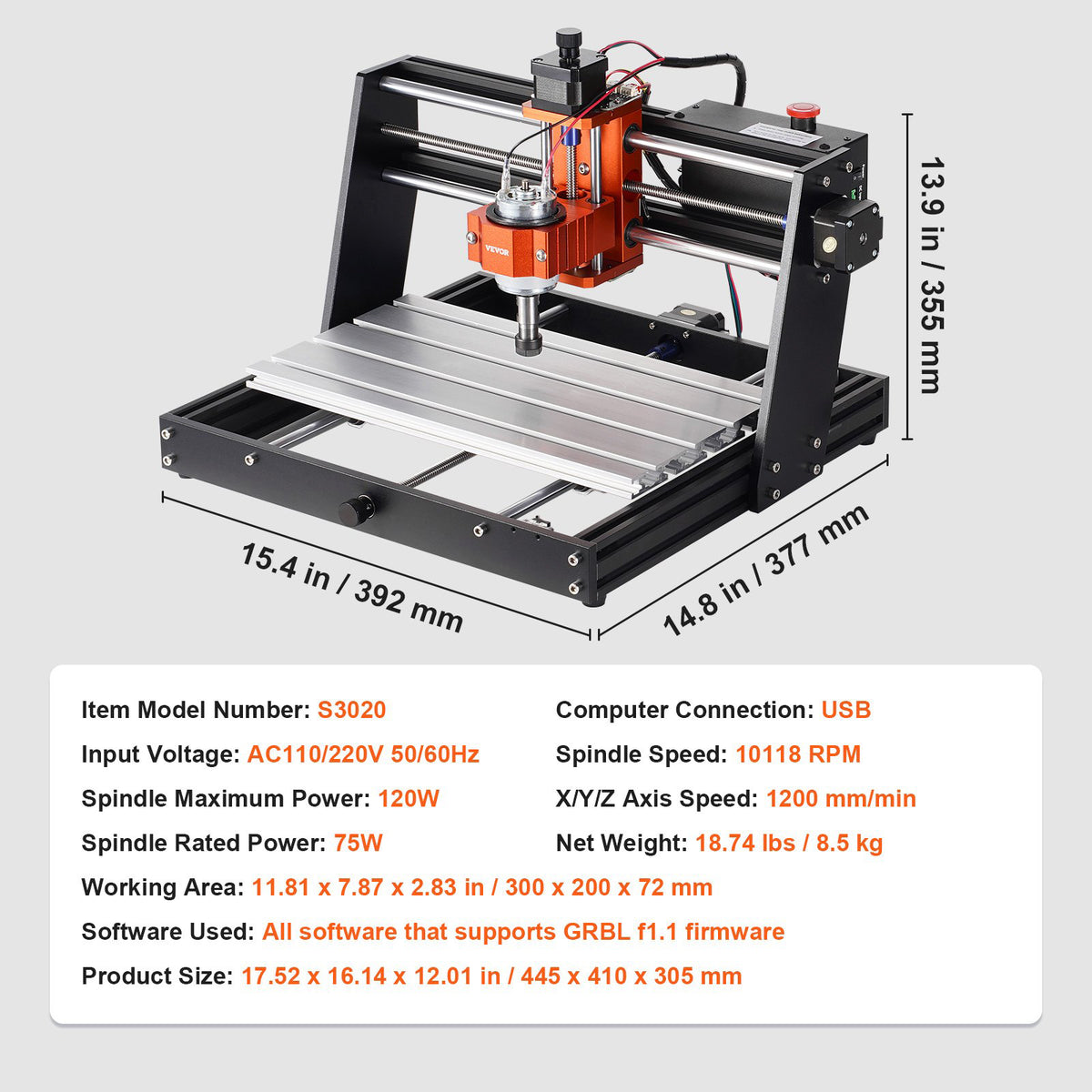 CNC Router Machine 120W 3 Axis GRBL 300x200x72mm Wood Acrylic MDF PVC Plastic