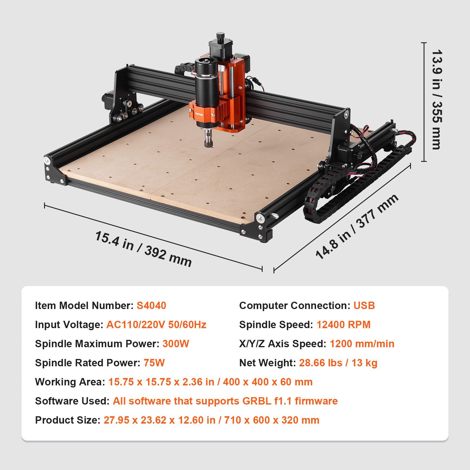 CNC Router Machine 300W 3 Axis GRBL 400x400x60mm Wood Acrylic MDF PVC Plastic