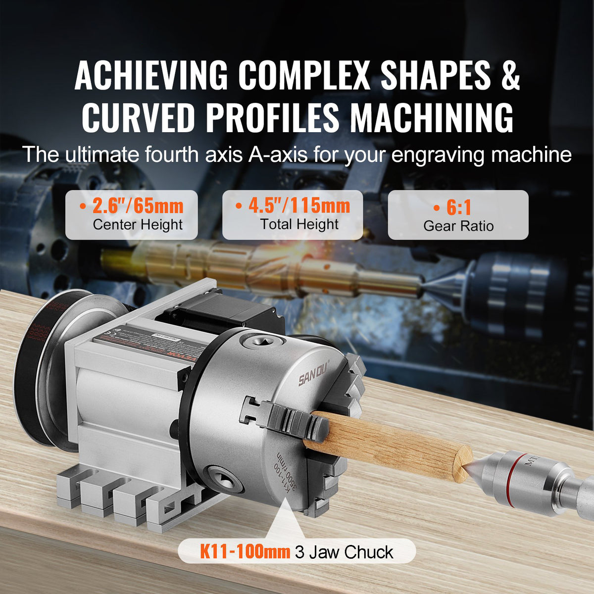 CNC Dividing Head 4th Axis Rotary Table K11 100mm Chuck MT2 65mm Center Height