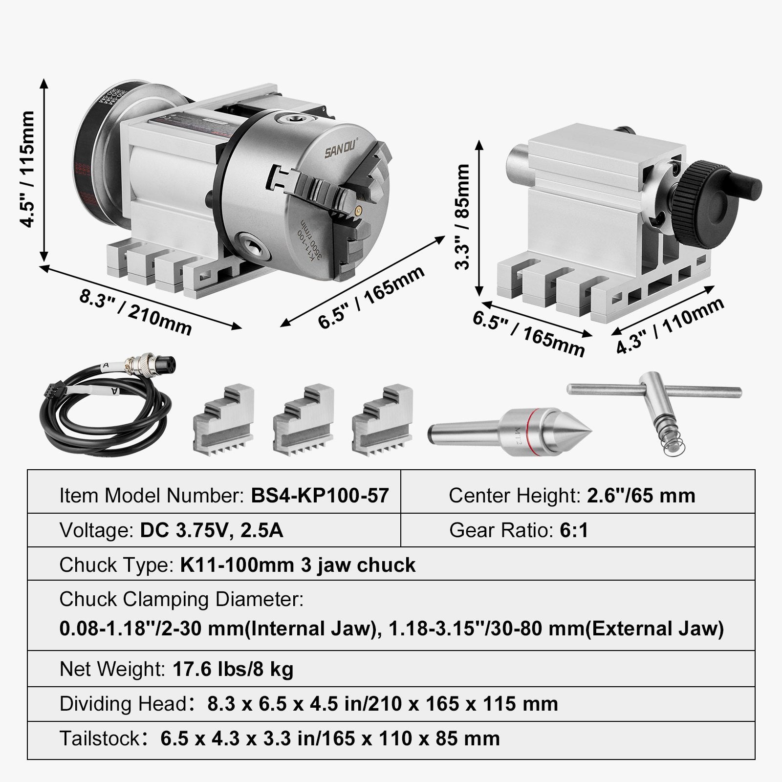 CNC Dividing Head 4th Axis Rotary Table K11 100mm Chuck MT2 65mm Center Height