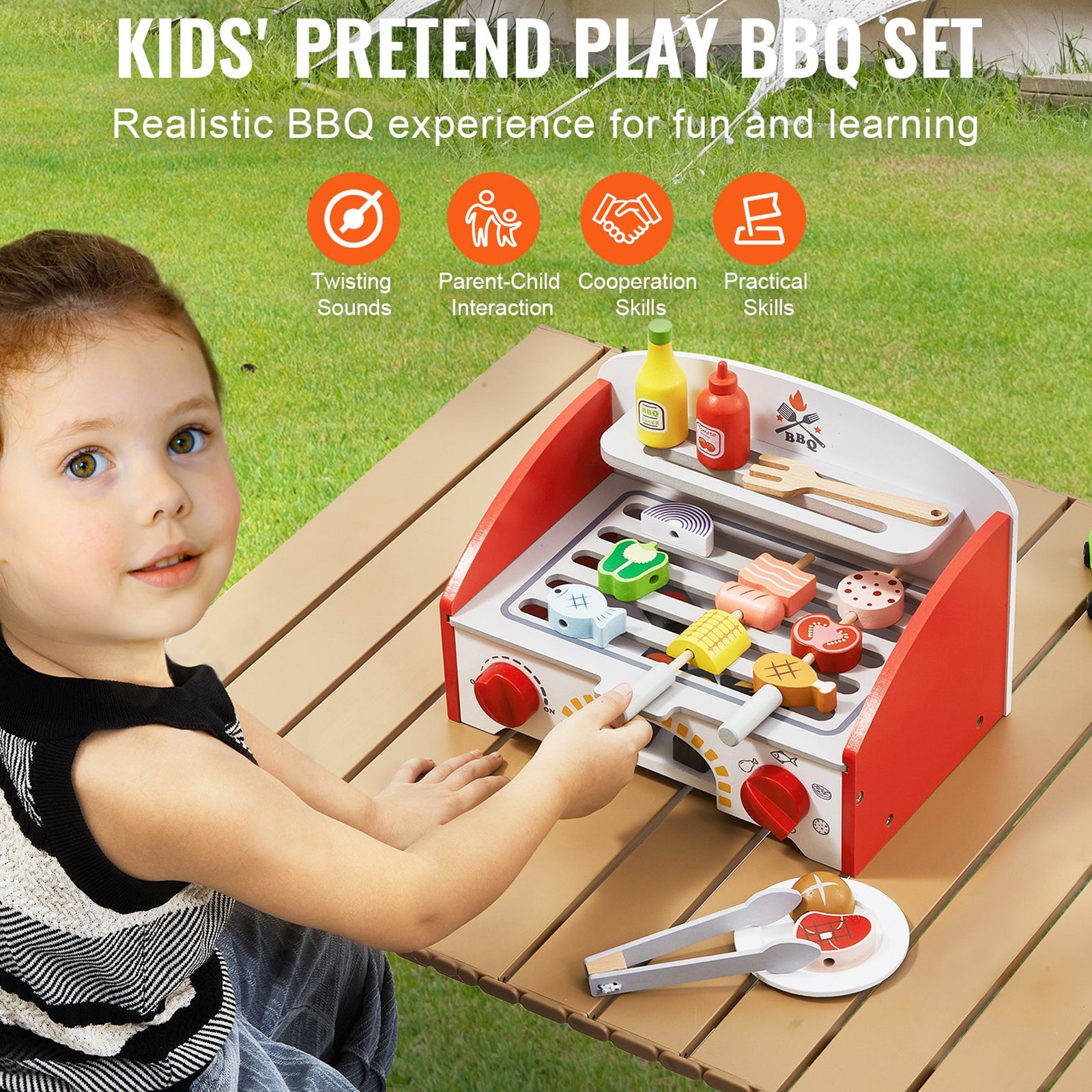 Kids BBQ Grill Playset Wooden 26PCS Realistic Carbon Fire Indoor Outdoor Toy
