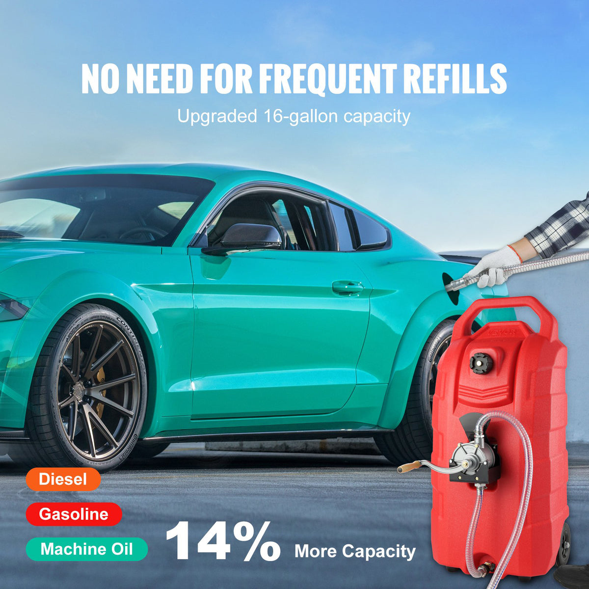 Fuel Caddy Portable Gas Storage Tank Hand Pump Rubber Wheels 60.57L 7.8L/min
