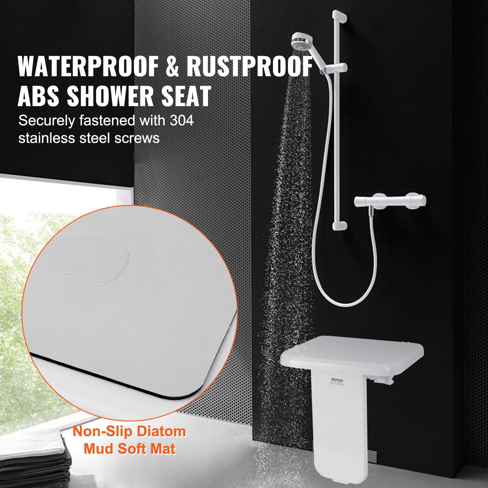 Folding ABS Shower Seat Wall Mounted Fold Up Shower Bench 440 lbs Capacity