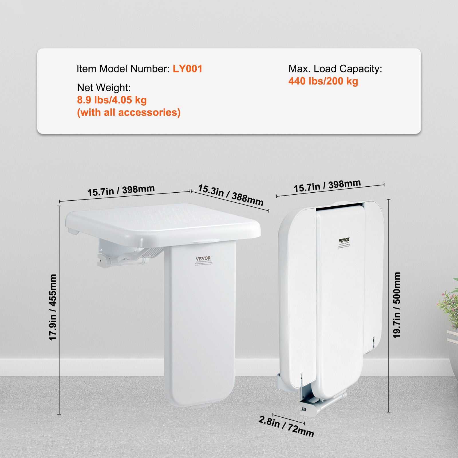 Folding ABS Shower Seat Wall Mounted Fold Up Shower Bench 440 lbs Capacity