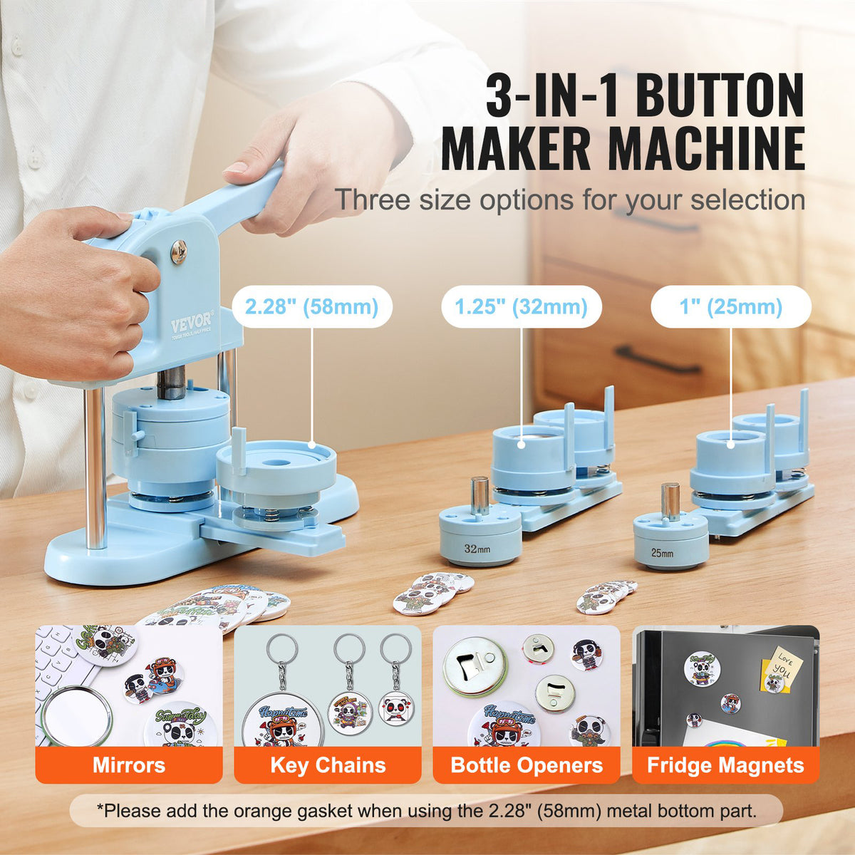 3-in-1 Button Maker Machine 25/32/58mm w/ 300pcs Parts & Arc Handle Press Kit