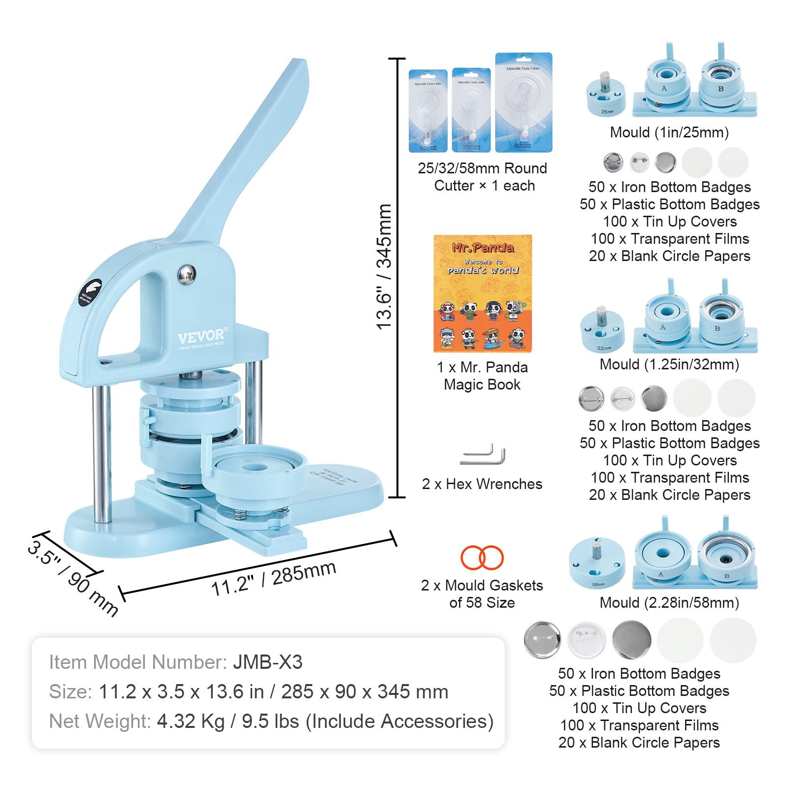 3-in-1 Button Maker Machine 25/32/58mm w/ 300pcs Parts & Arc Handle Press Kit
