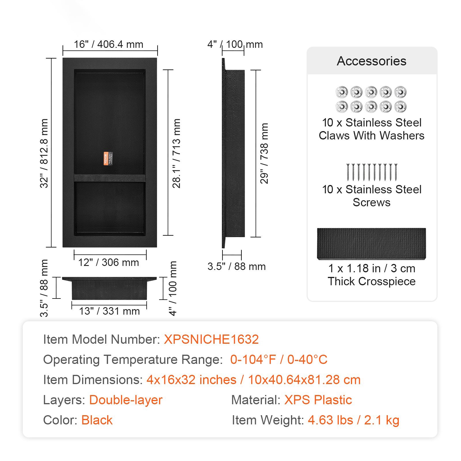 Shower Niche Ready for Tile 40.64x81.28cm Double Shelf Recessed Black