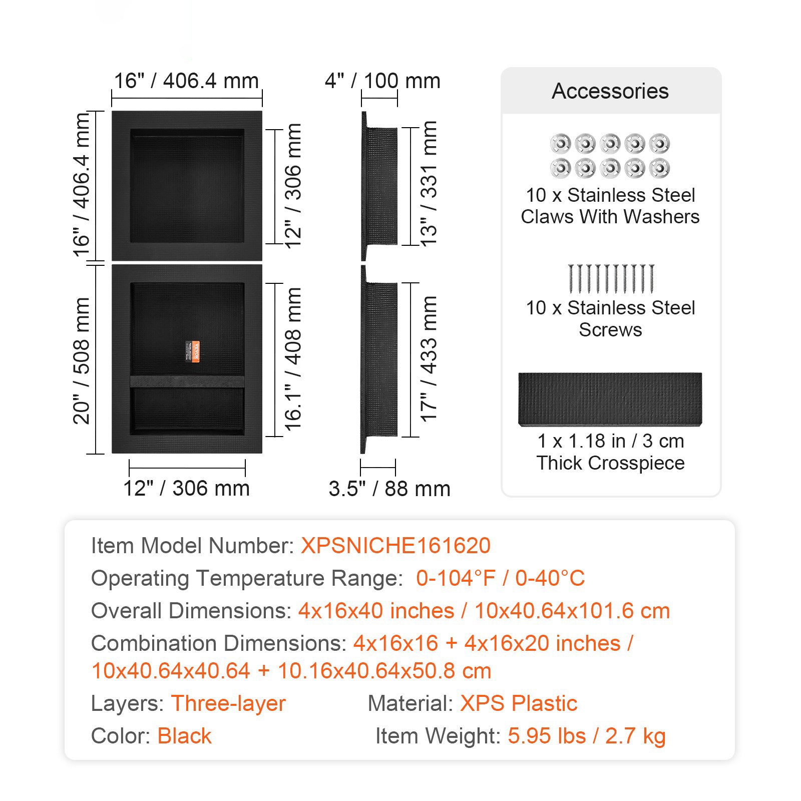 Shower Niche Ready for Tile Triple Shelf Recessed Wall Niche Black