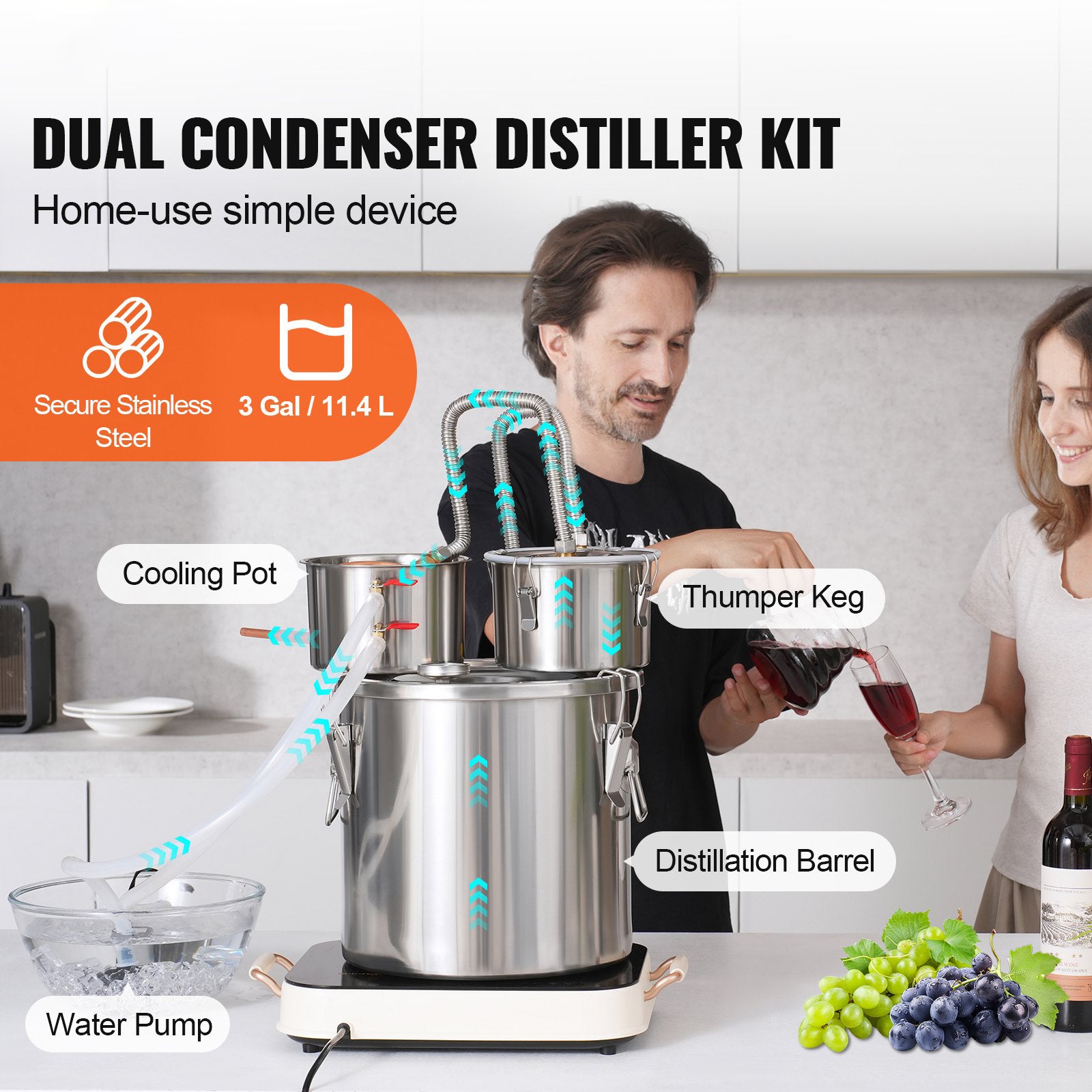 Alcohol Still 3Gal/11.4L Stainless Steel Distiller Copper Coil Dual Condenser