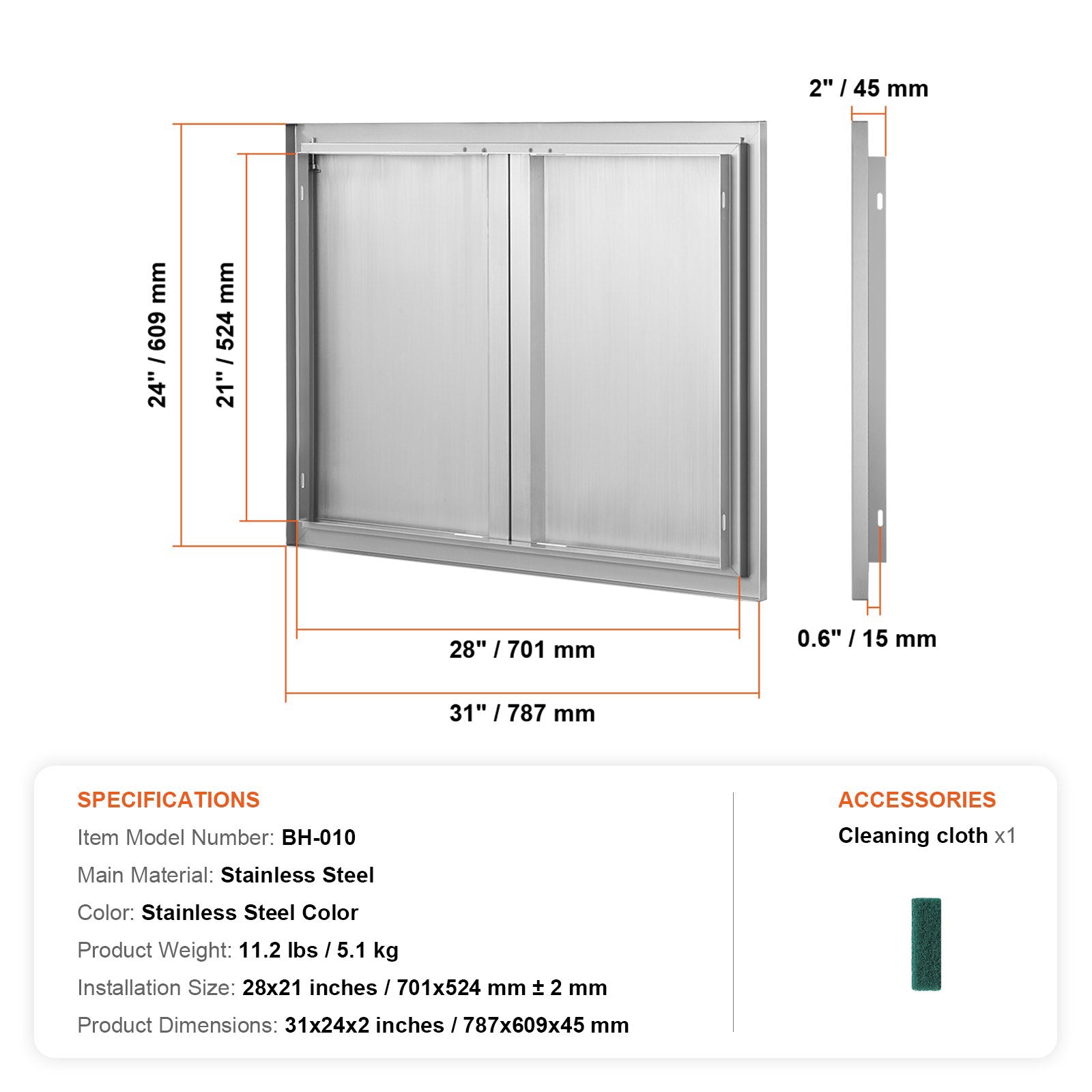 787x609mm Double BBQ Access Door  Steel Flush Mount Outdoor Kitchen Door