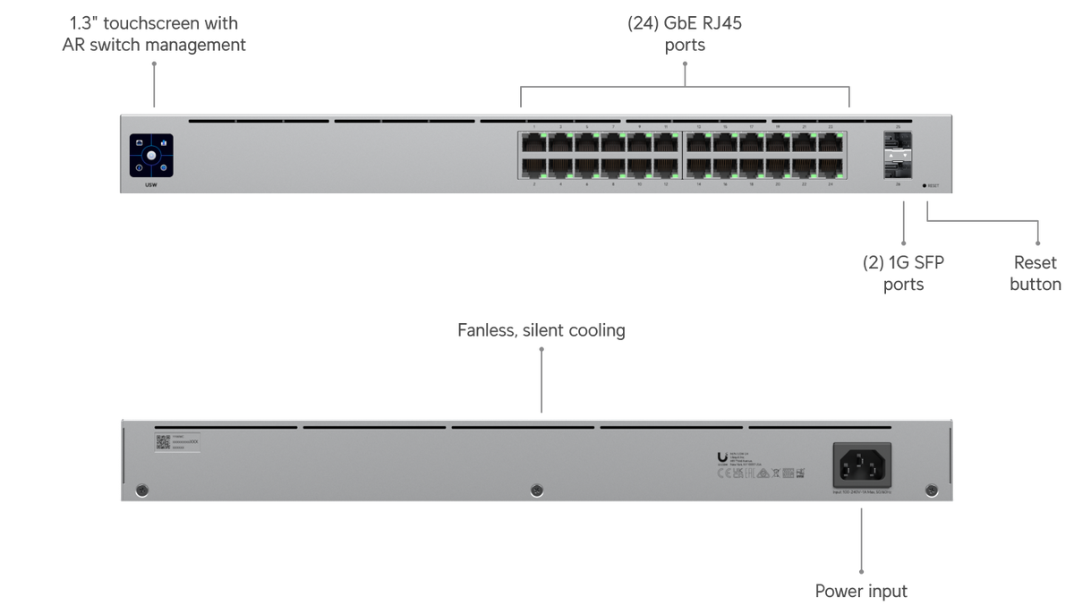 Ubiquiti UniFi 24 Port Managed Gigabit Switch with 2 SFP Fibre Uplink Ports Touch Display and Fanless Design